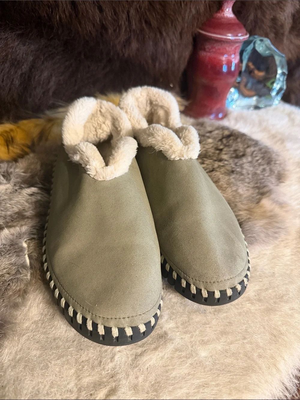 Ilse Jacobsen taupe/olive suede ankle slipper with stitched sole 8 (UBUPK)